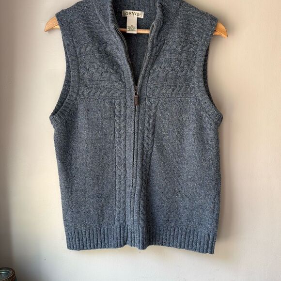 Vintage Orvis men’s sweater vest size medium lambswool blue zip up chunky cable - Picture 1 of 7